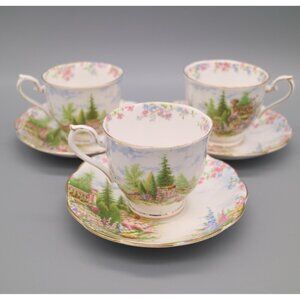 Royal Albert English Bone China "Kentish Rockery" Teacup & Saucers Set of 3